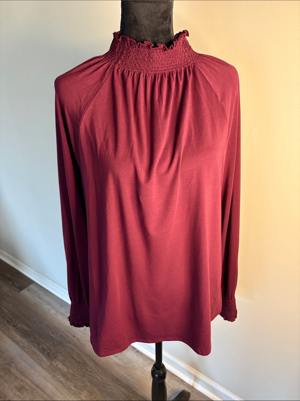 Chico's Burgundy Smocked Mock-Neck Long Sleeve Top